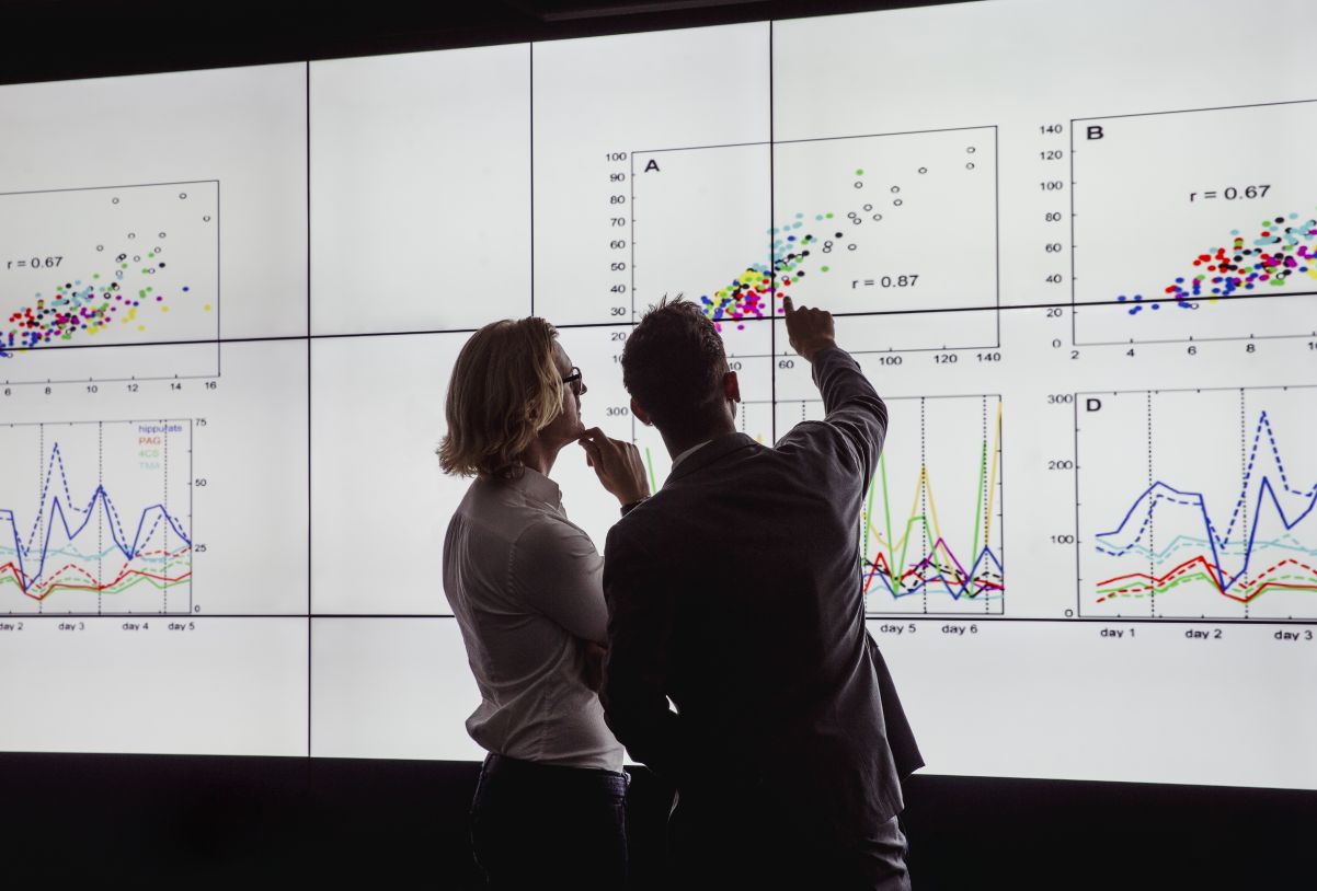 People looking at data on screen