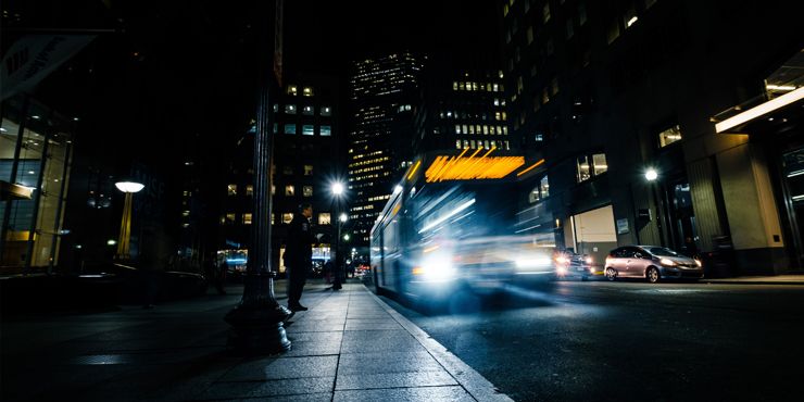 A bus travelling in the night time